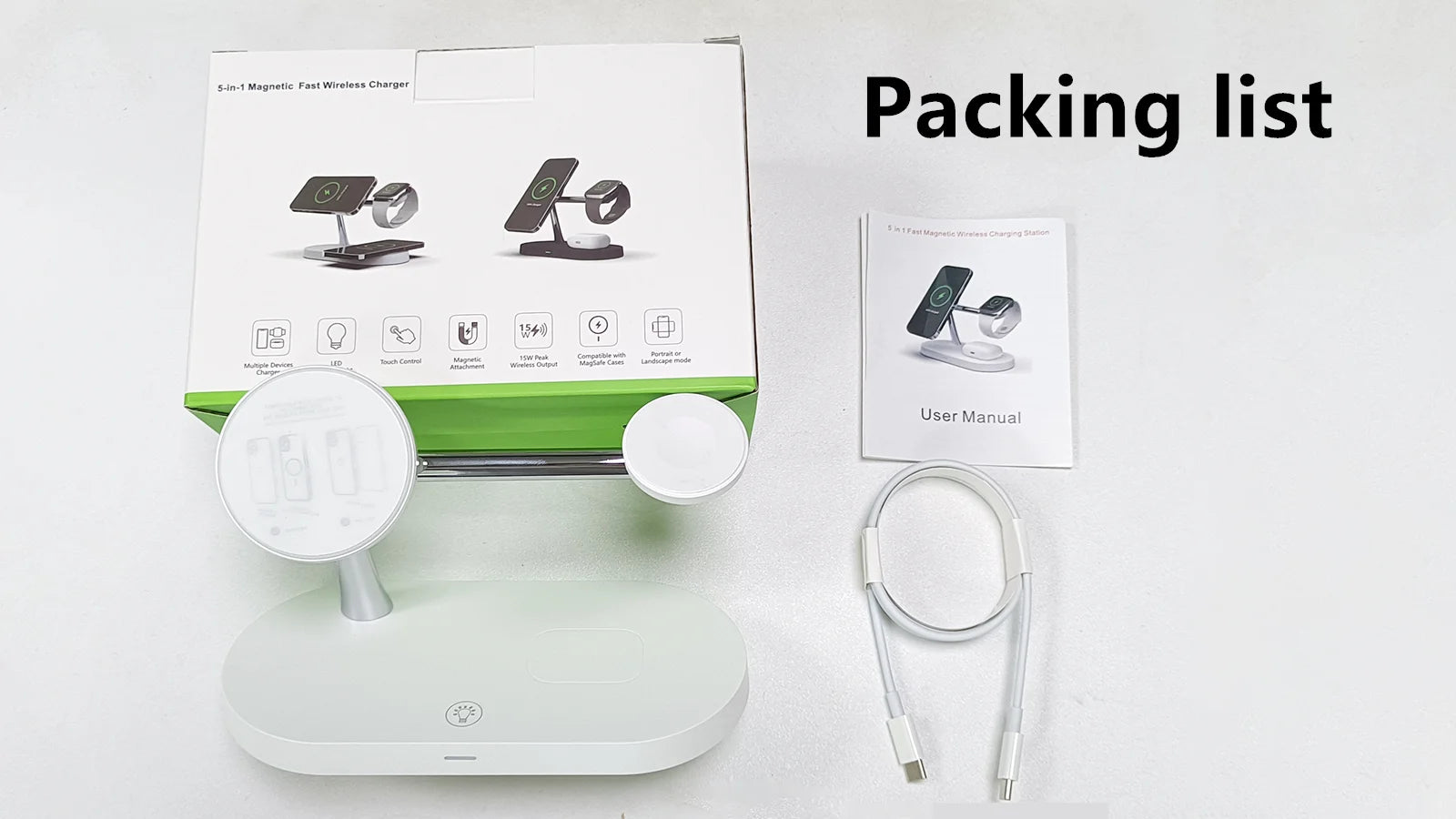 Cargador Inalámbrico 3 en 1 TIMESS 15W – iPhone 12–16, Apple Watch 4–10 y AirPods Pro (USB-C)