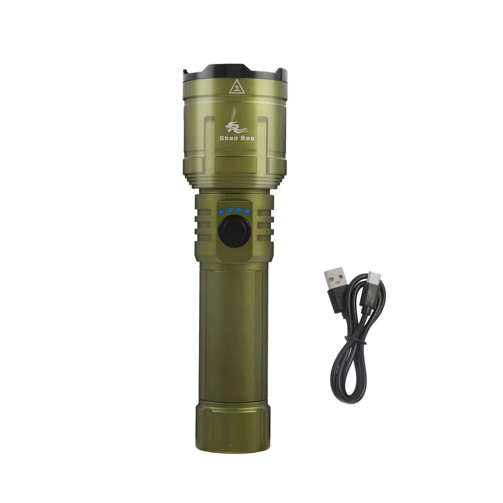 Linterna LED Shan Bao 3000 LM Impermeable con Zoom – Recargable, 5000 mAh, Ilumina a +500 m y Enciende Objetos