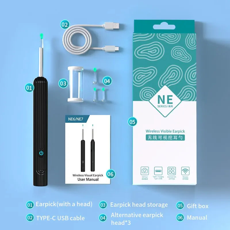 Limpiador de Oídos Inteligente 1296 P con Cámara y Wi-Fi – Earpick USB-C, 6 LED, Visualización en App