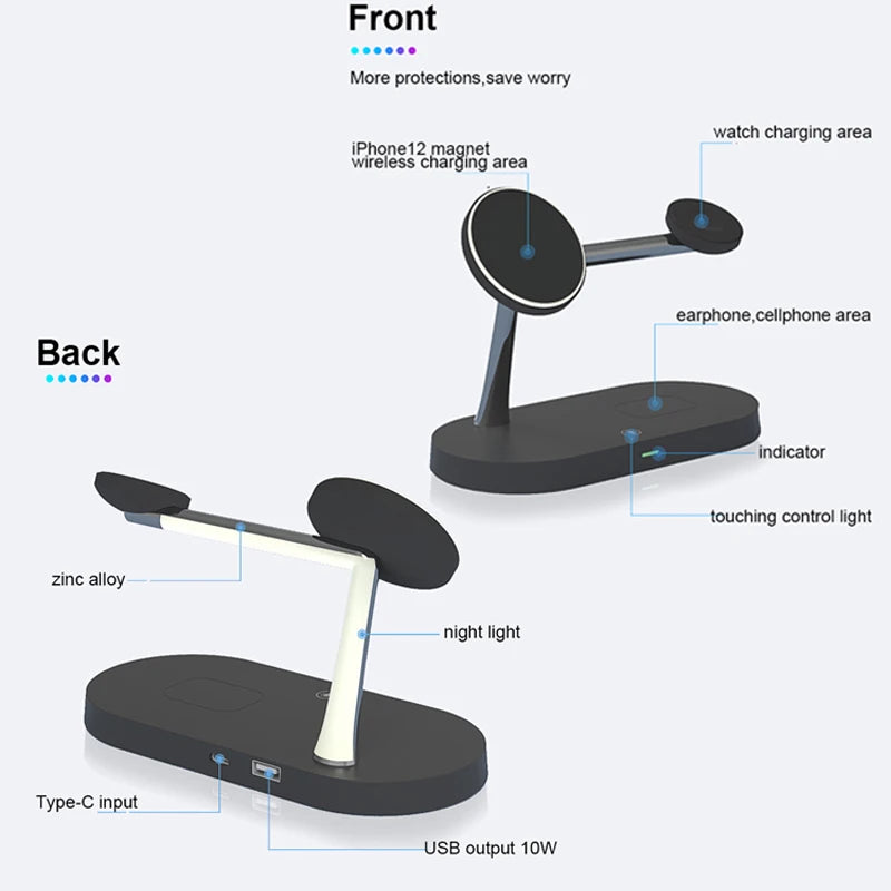 Cargador Inalámbrico 3 en 1 TIMESS 15W – iPhone 12–16, Apple Watch 4–10 y AirPods Pro (USB-C)