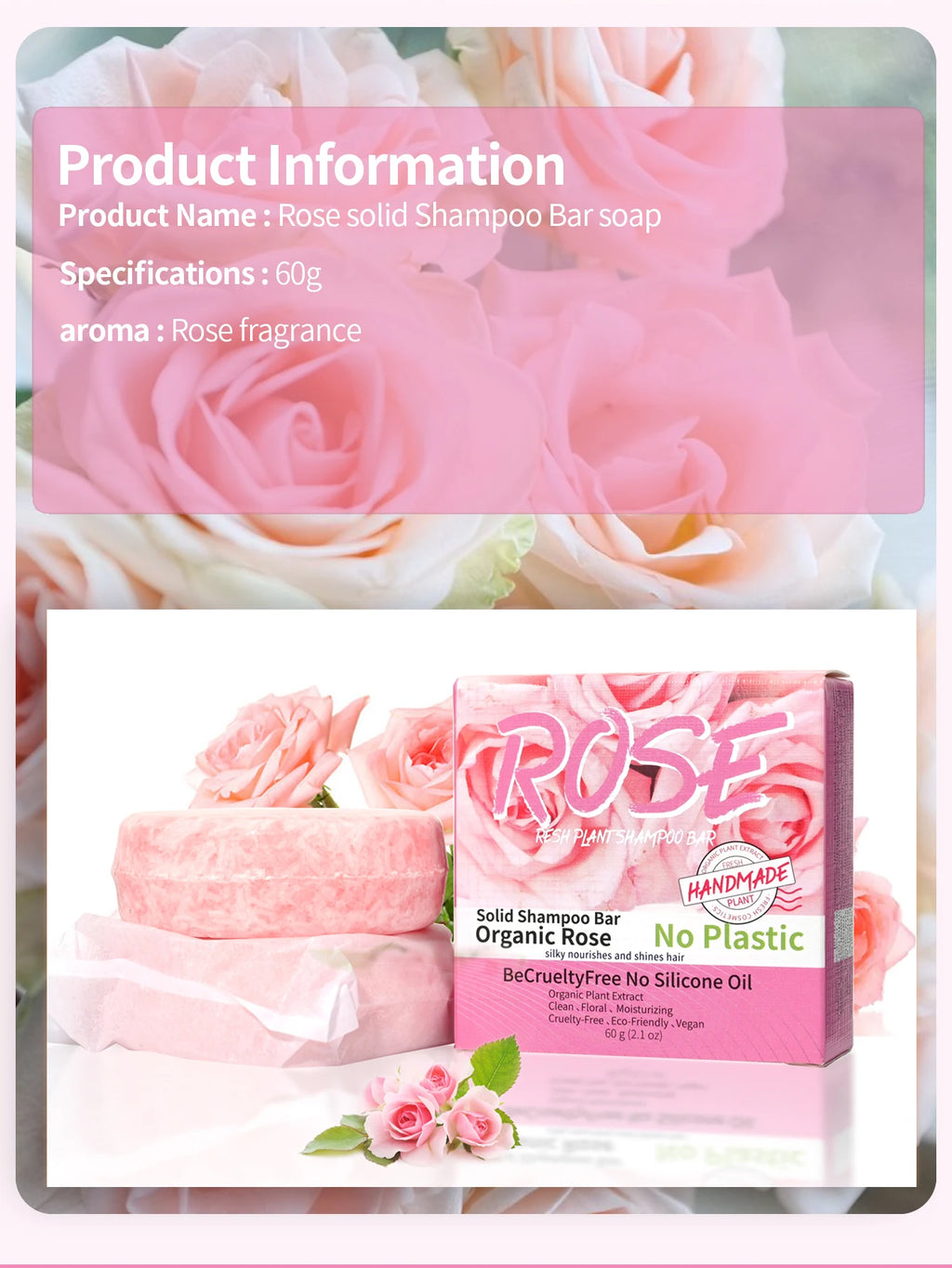 Shampoo sólido artesanal de rosa | Nutritivo, aroma floral y control grasa