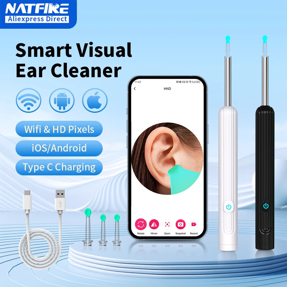 Limpiador de Oídos Inteligente 1296 P con Cámara y Wi-Fi – Earpick USB-C, 6 LED, Visualización en App