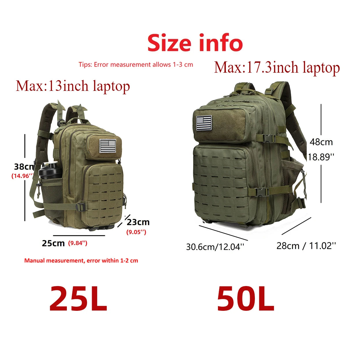Mochila Táctica MOLLE 25L/50L con 2 Portabotellas – Senderismo, Caza, Gimnasio y EDC