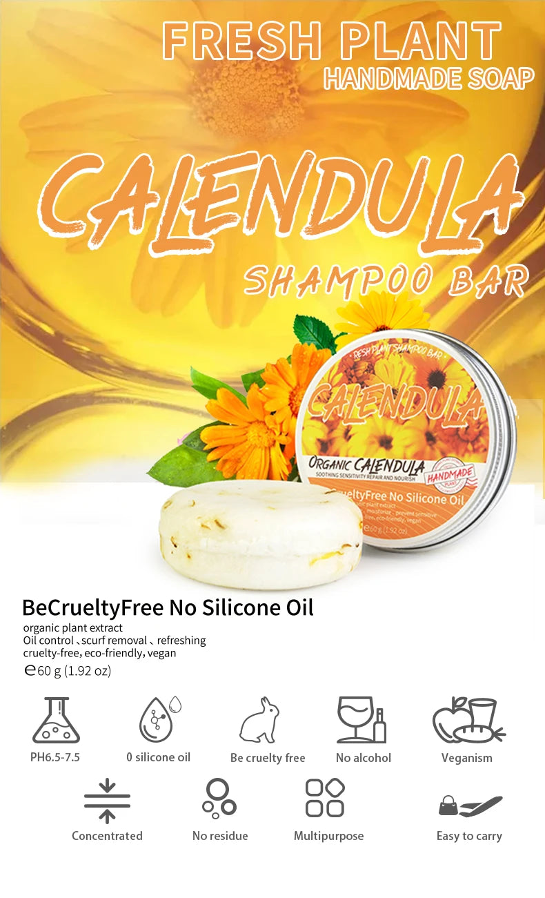 Shampoo sólido artesanal de caléndula | Limpieza profunda y control grasa