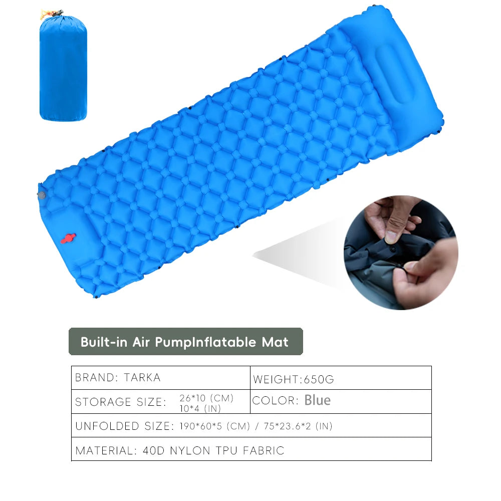 Colchoneta Inflable TARKA 190×60 cm con Almohada – autoinflable Ultraligera (650 g) para Camping y Trekking