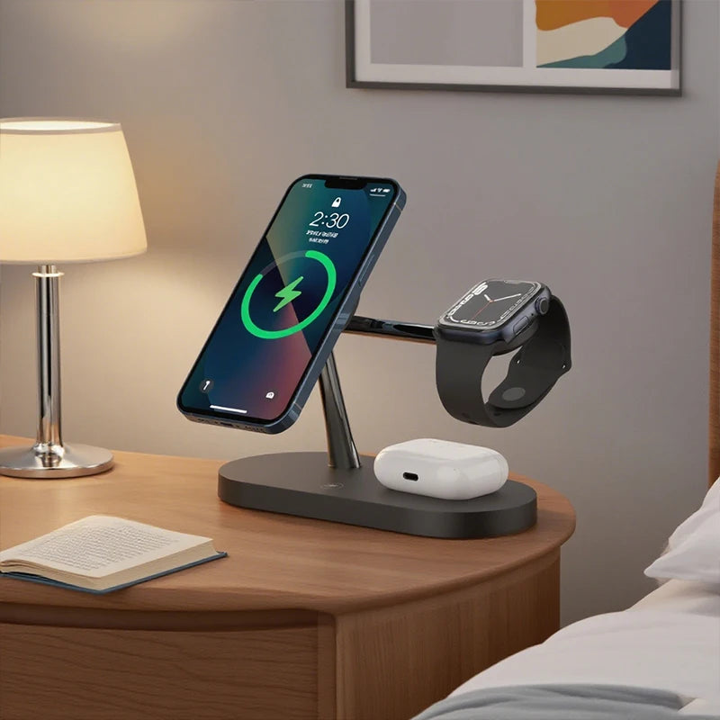 Cargador Inalámbrico 3 en 1 TIMESS 15W – iPhone 12–16, Apple Watch 4–10 y AirPods Pro (USB-C)
