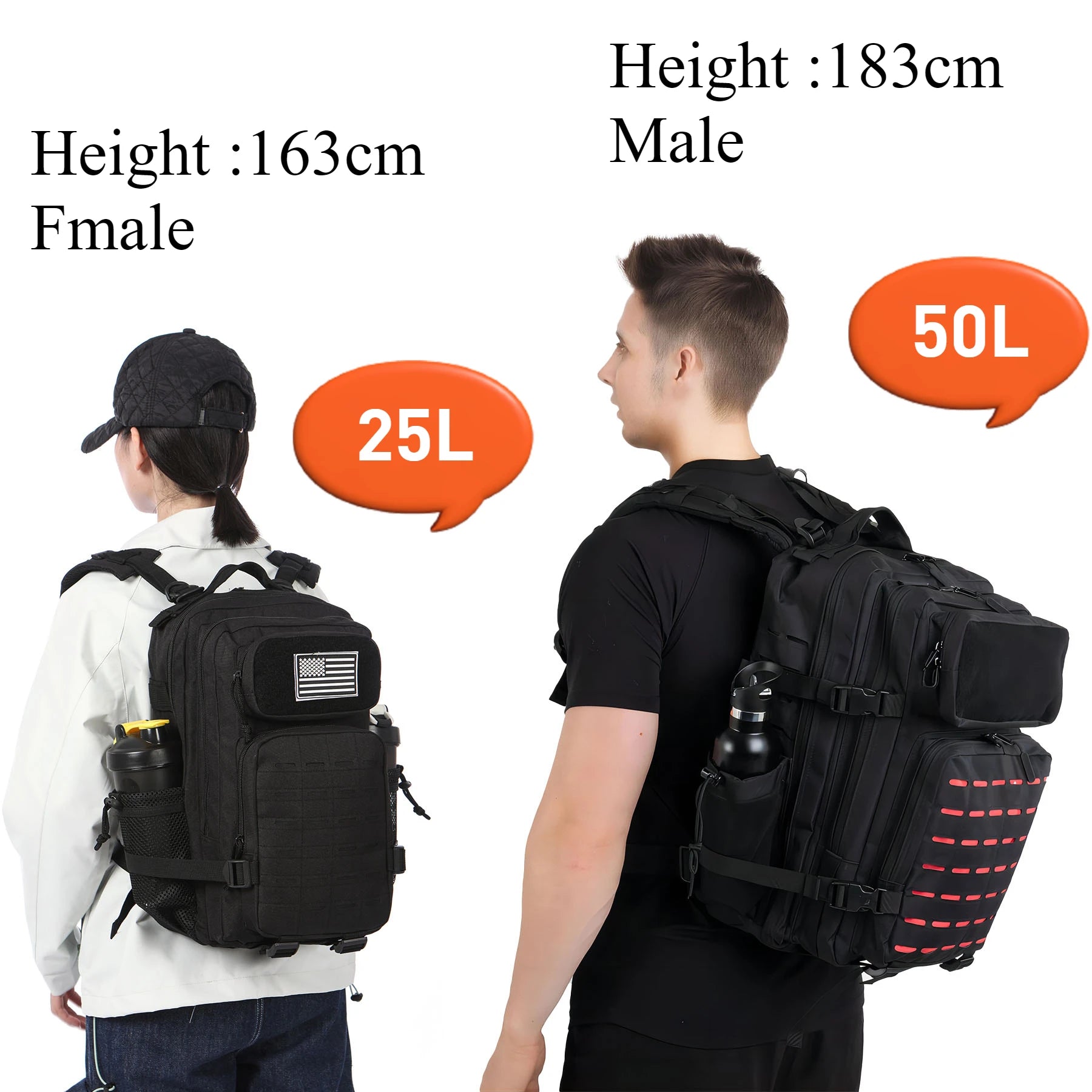 Mochila Táctica MOLLE 25L/50L con 2 Portabotellas – Senderismo, Caza, Gimnasio y EDC