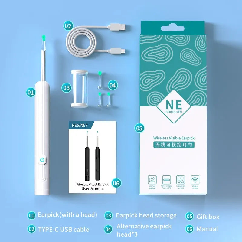 Limpiador de Oídos Inteligente 1296 P con Cámara y Wi-Fi – Earpick USB-C, 6 LED, Visualización en App