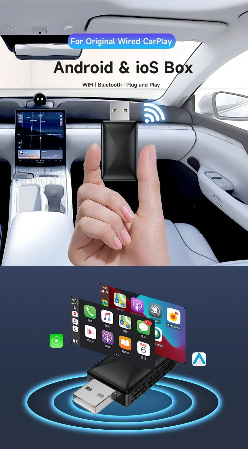 Adaptador CarPlay Android Auto 2en1 Inalámbrico USB Plug & Play