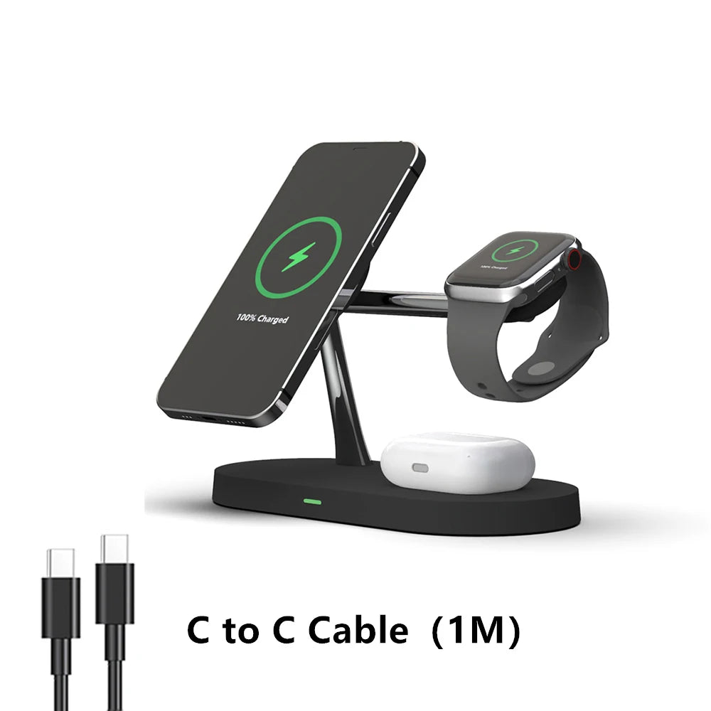 Cargador Inalámbrico 3 en 1 TIMESS 15W – iPhone 12–16, Apple Watch 4–10 y AirPods Pro (USB-C)