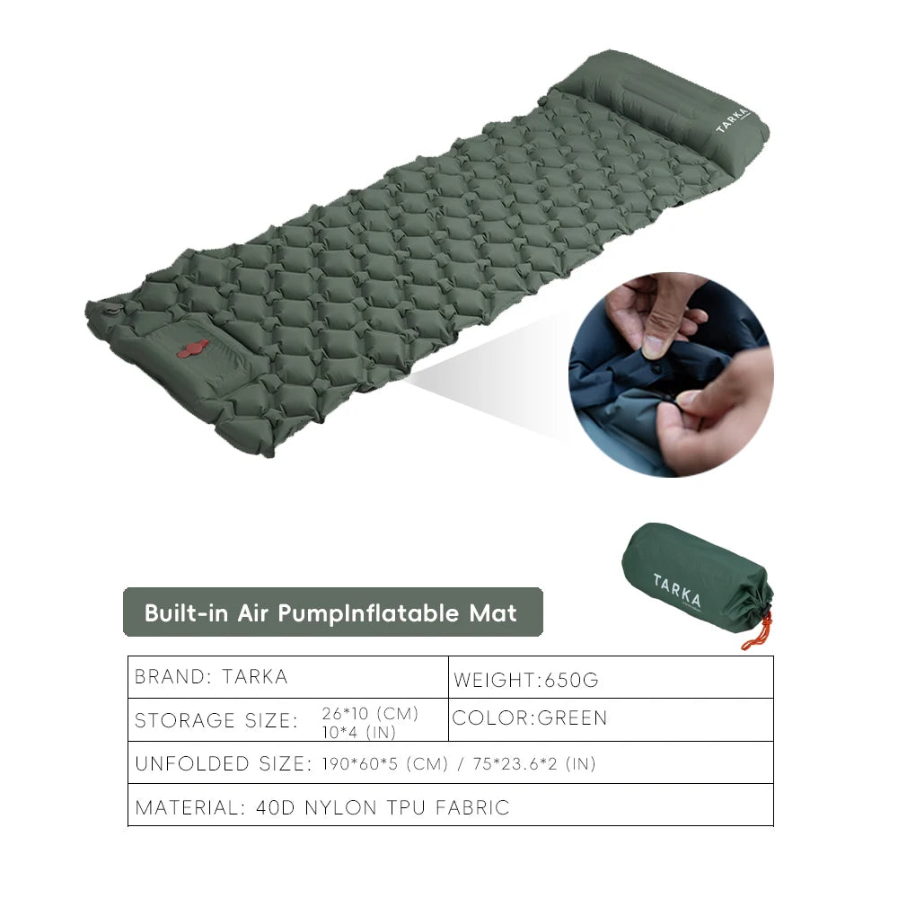 Colchoneta Inflable TARKA 190×60 cm con Almohada – autoinflable Ultraligera (650 g) para Camping y Trekking