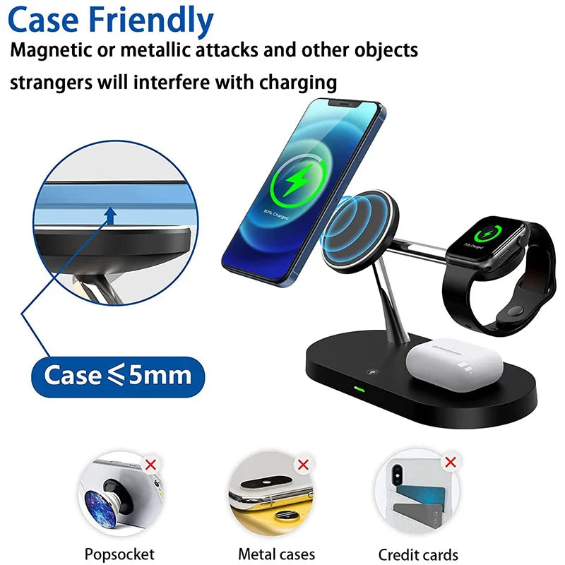 Cargador Inalámbrico 3 en 1 TIMESS 15W – iPhone 12–16, Apple Watch 4–10 y AirPods Pro (USB-C)