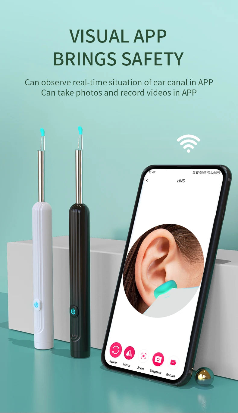 Limpiador de Oídos Inteligente 1296 P con Cámara y Wi-Fi – Earpick USB-C, 6 LED, Visualización en App