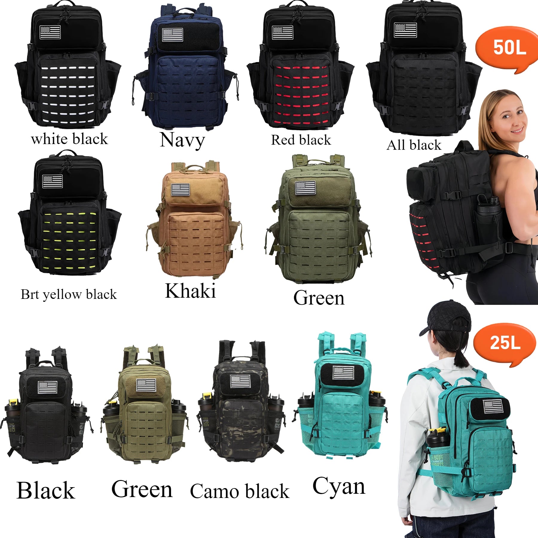Mochila Táctica MOLLE 25L/50L con 2 Portabotellas – Senderismo, Caza, Gimnasio y EDC