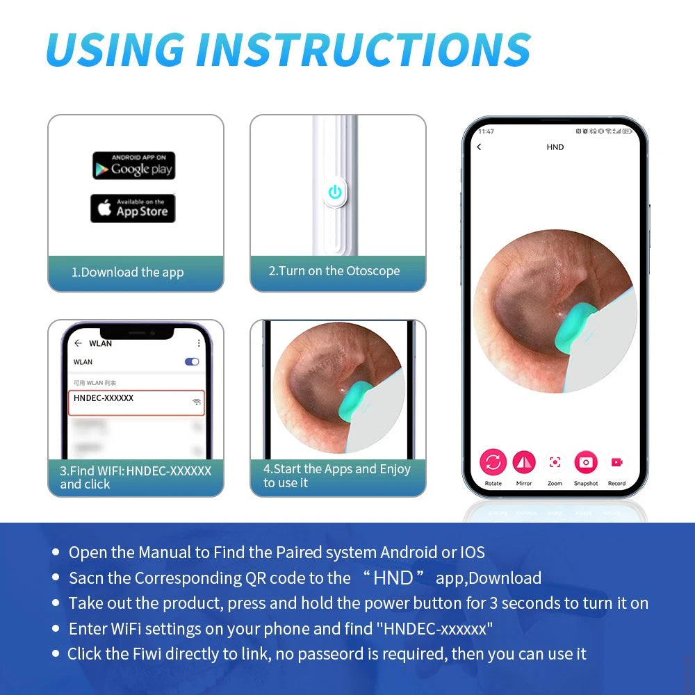 Limpiador de Oídos Inteligente 1296 P con Cámara y Wi-Fi – Earpick USB-C, 6 LED, Visualización en App