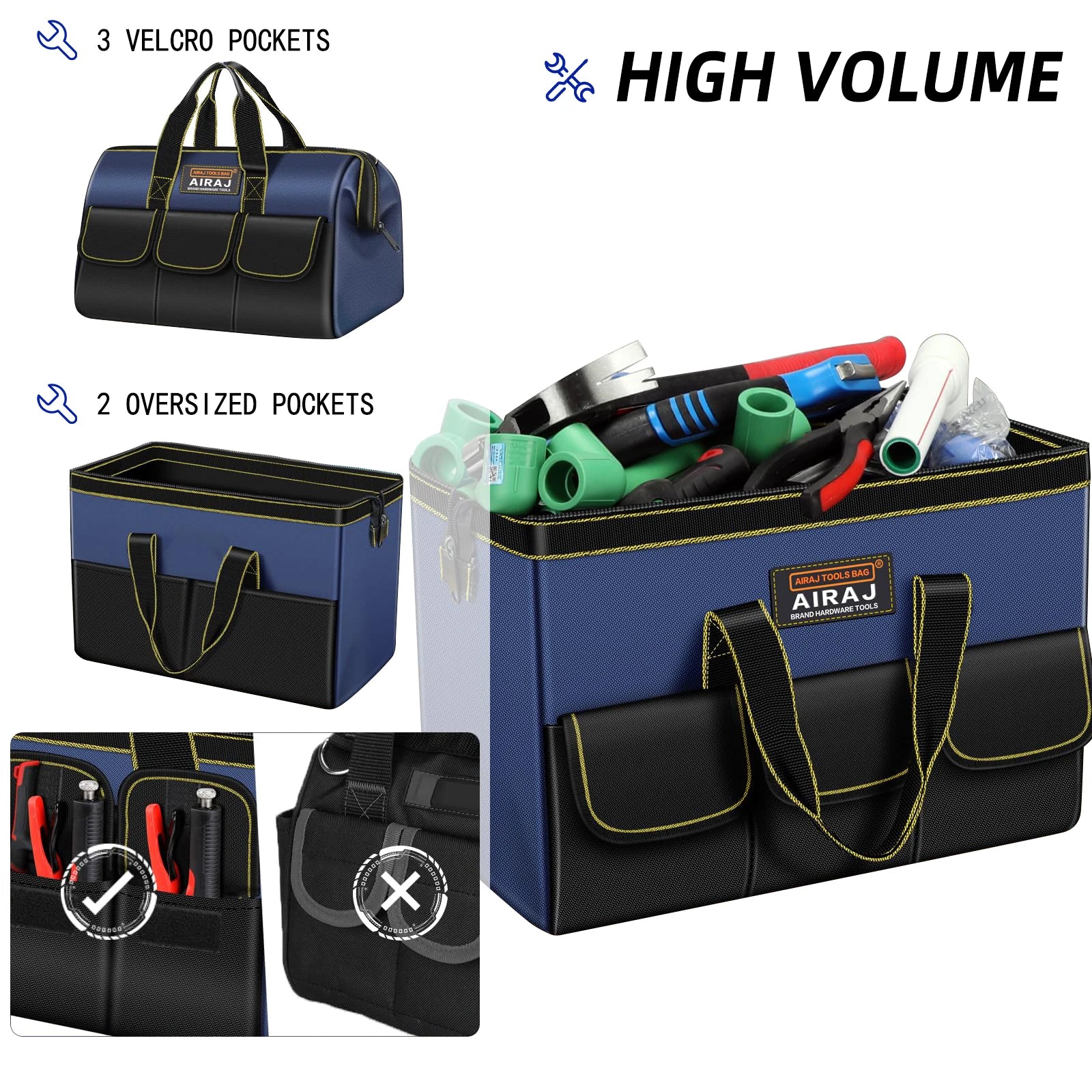 Bolsa de Herramientas AIRAJ 1680D Impermeable – Electricista, Alta Capacidad (13”–18”)