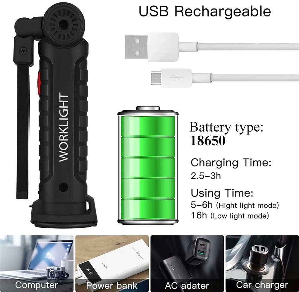 Linterna LED COB Portátil Recargable ESMARTER | Magnética 360° USB para Camping y Trabajo