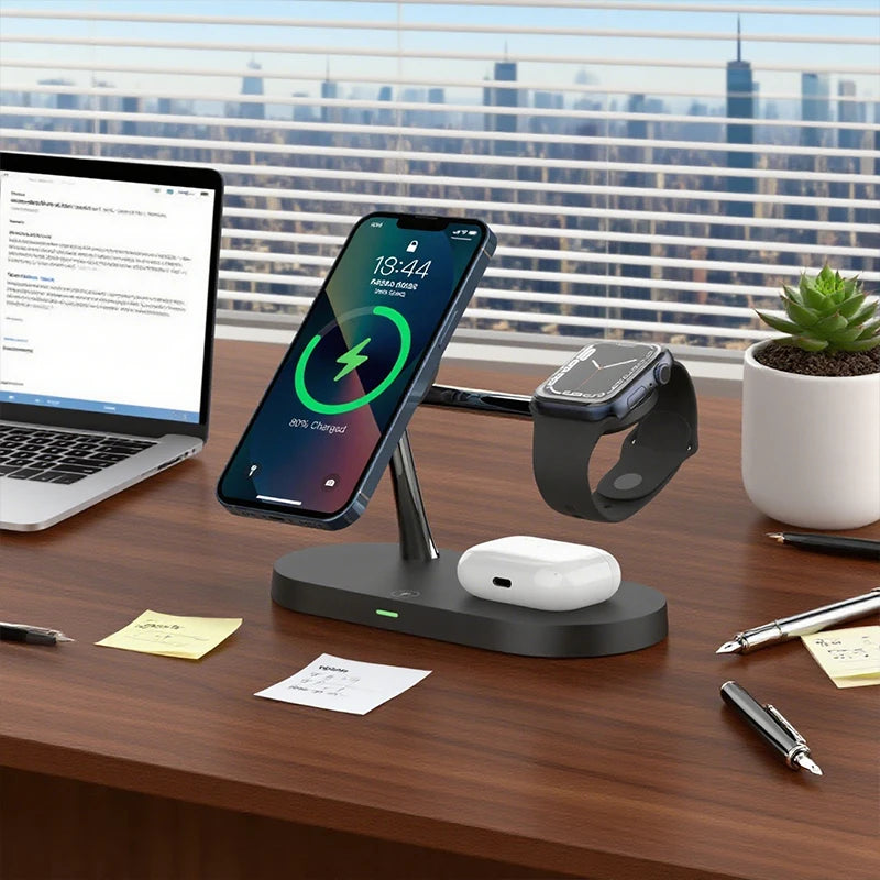 Cargador Inalámbrico 3 en 1 TIMESS 15W – iPhone 12–16, Apple Watch 4–10 y AirPods Pro (USB-C)