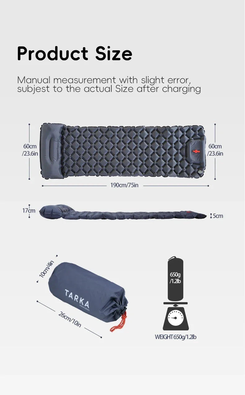 Colchoneta Inflable TARKA 190×60 cm con Almohada – autoinflable Ultraligera (650 g) para Camping y Trekking