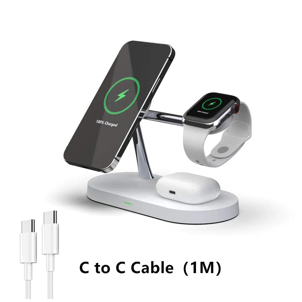 Cargador Inalámbrico 3 en 1 TIMESS 15W – iPhone 12–16, Apple Watch 4–10 y AirPods Pro (USB-C)