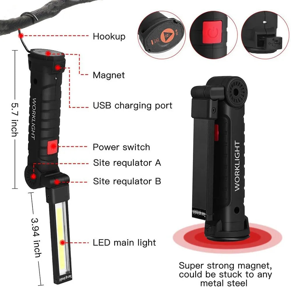 Linterna LED COB Portátil Recargable ESMARTER | Magnética 360° USB para Camping y Trabajo