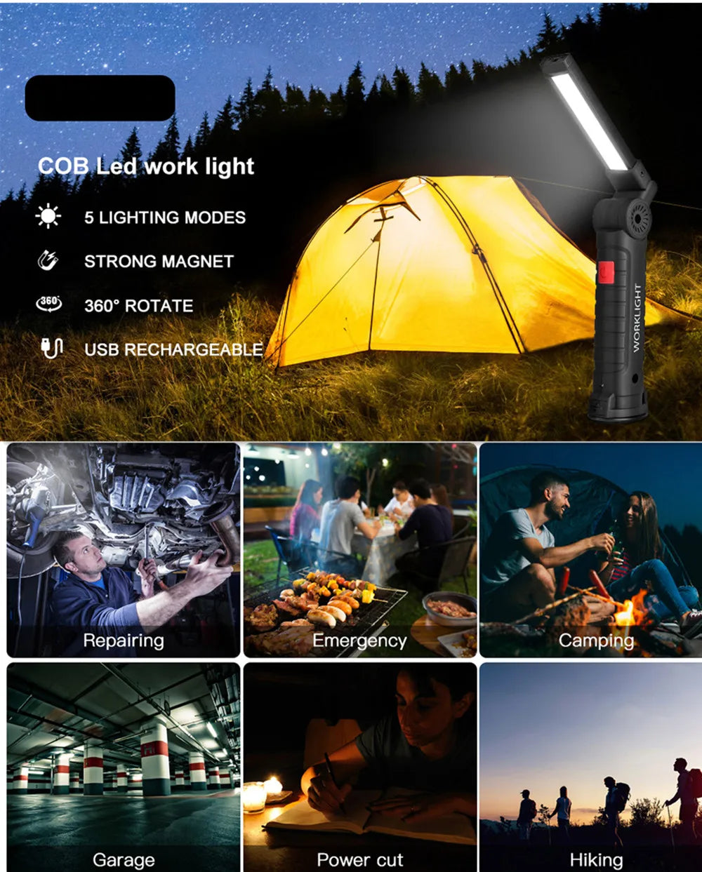 Linterna LED COB Portátil Recargable ESMARTER | Magnética 360° USB para Camping y Trabajo