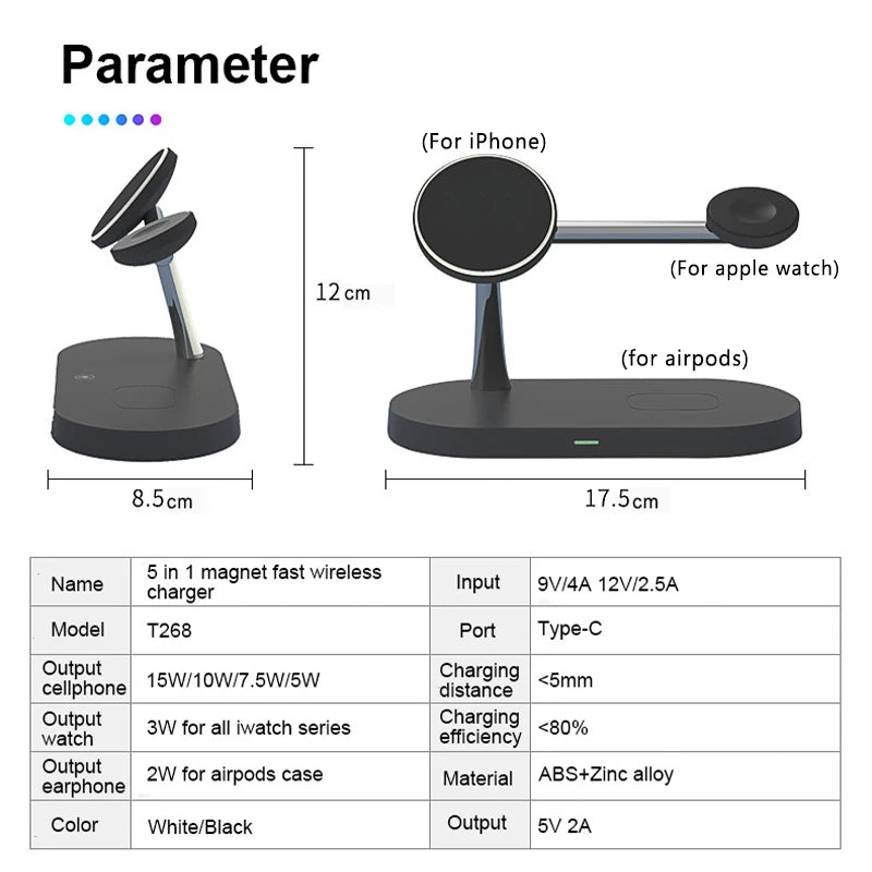 Cargador Inalámbrico 3 en 1 TIMESS 15W – iPhone 12–16, Apple Watch 4–10 y AirPods Pro (USB-C)