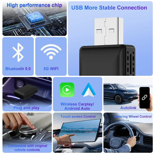 Adaptador CarPlay Android Auto 2en1 Inalámbrico USB Plug & Play