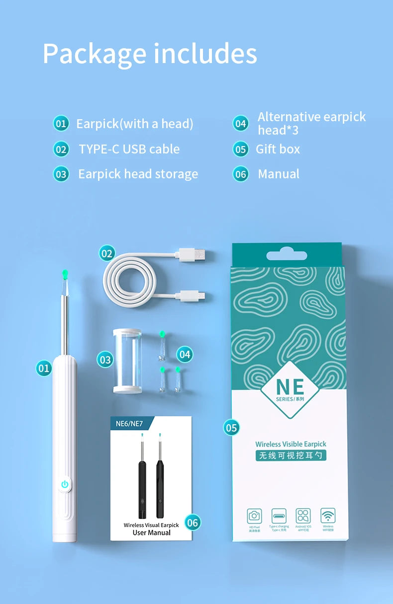 Limpiador de Oídos Inteligente 1296 P con Cámara y Wi-Fi – Earpick USB-C, 6 LED, Visualización en App