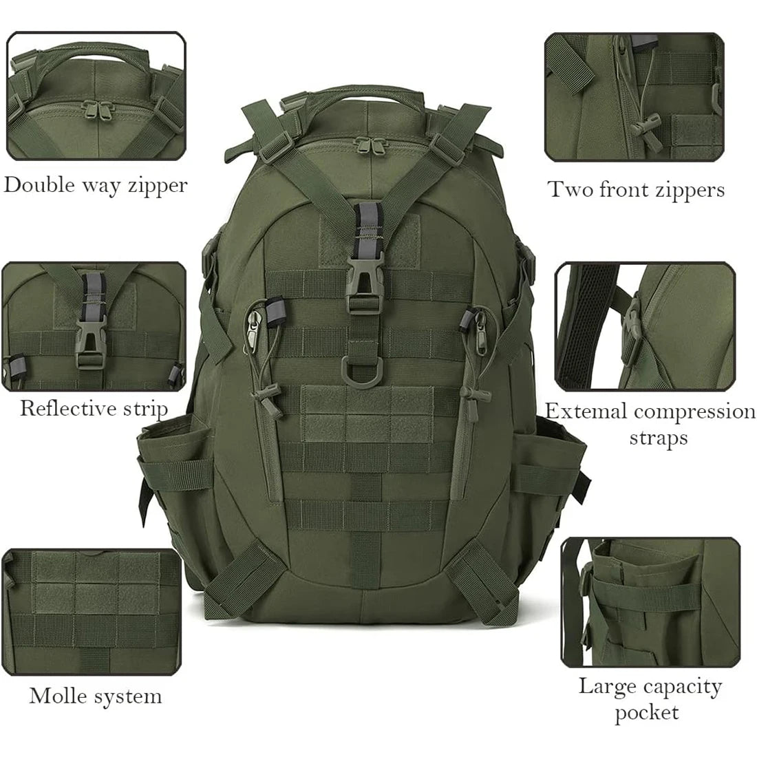 Mochila Táctica MOLLE Reflectante – Camping, Senderismo y Supervivencia