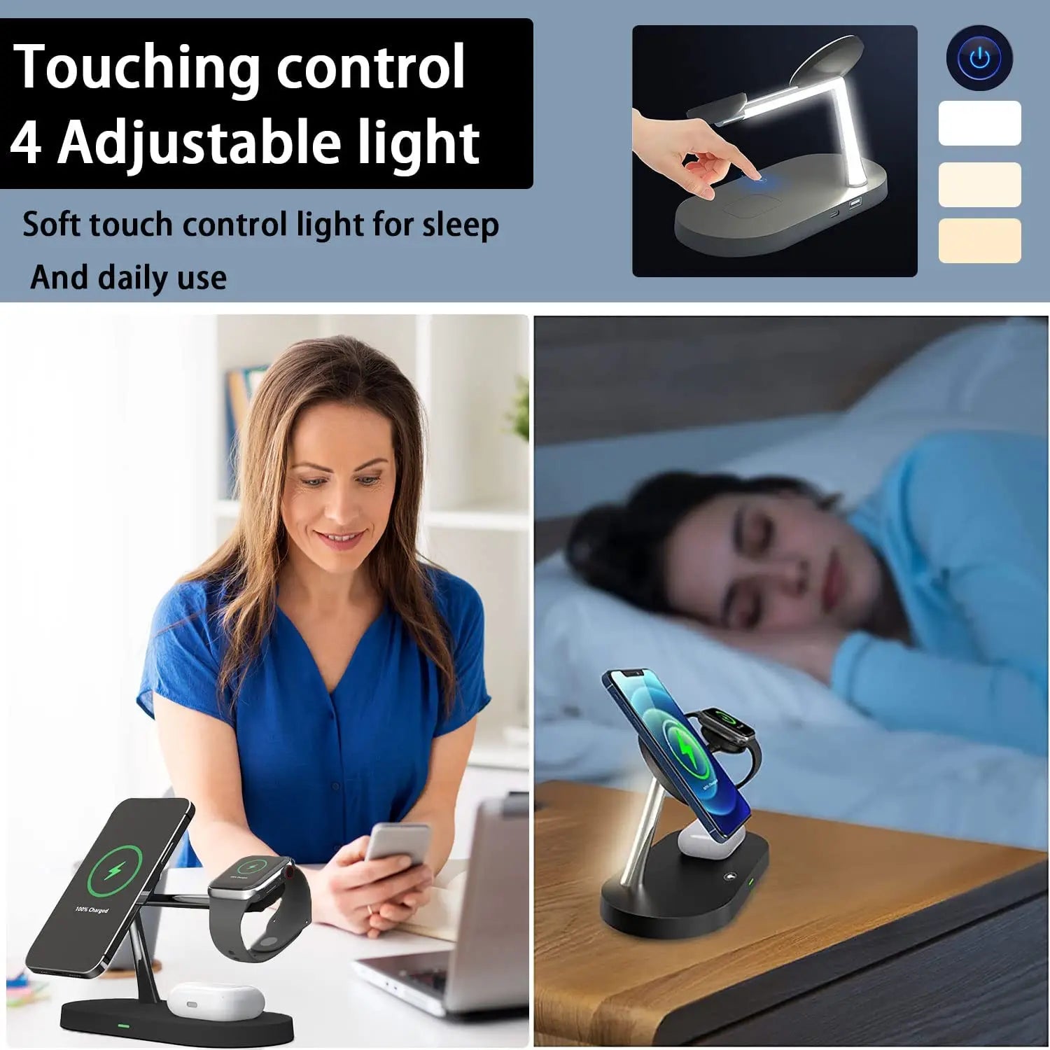 Cargador Inalámbrico 3 en 1 TIMESS 15W – iPhone 12–16, Apple Watch 4–10 y AirPods Pro (USB-C)