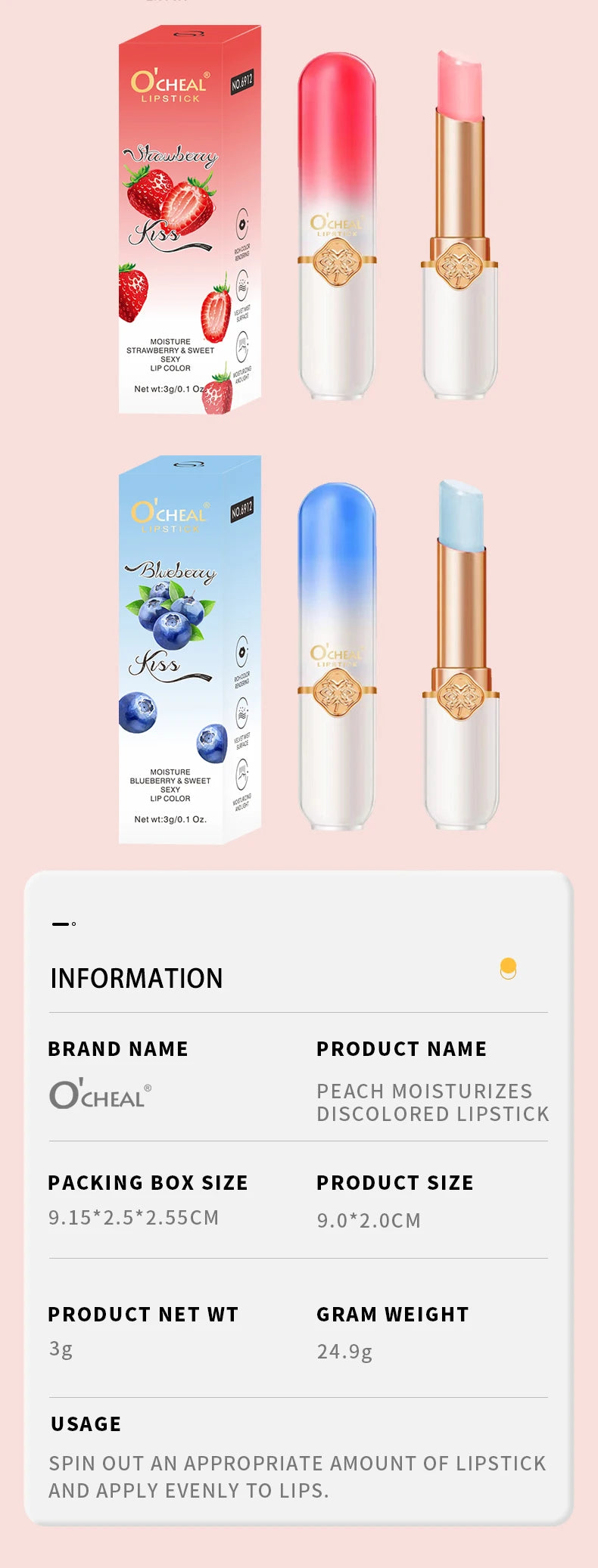 Labial frutal O’CHEAL | Hidratante, waterproof y cambia de color
