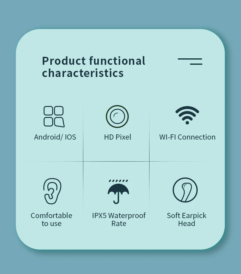 Limpiador de Oídos Inteligente 1296 P con Cámara y Wi-Fi – Earpick USB-C, 6 LED, Visualización en App