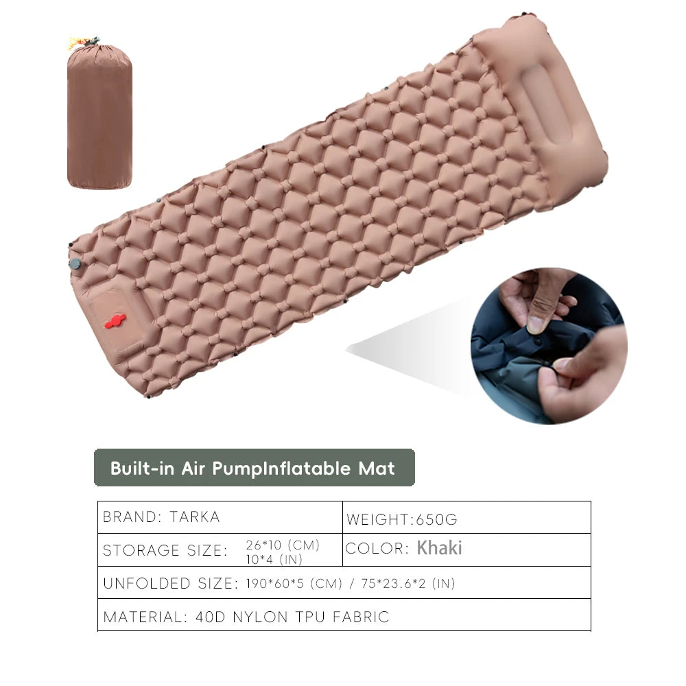 Colchoneta Inflable TARKA 190×60 cm con Almohada – autoinflable Ultraligera (650 g) para Camping y Trekking