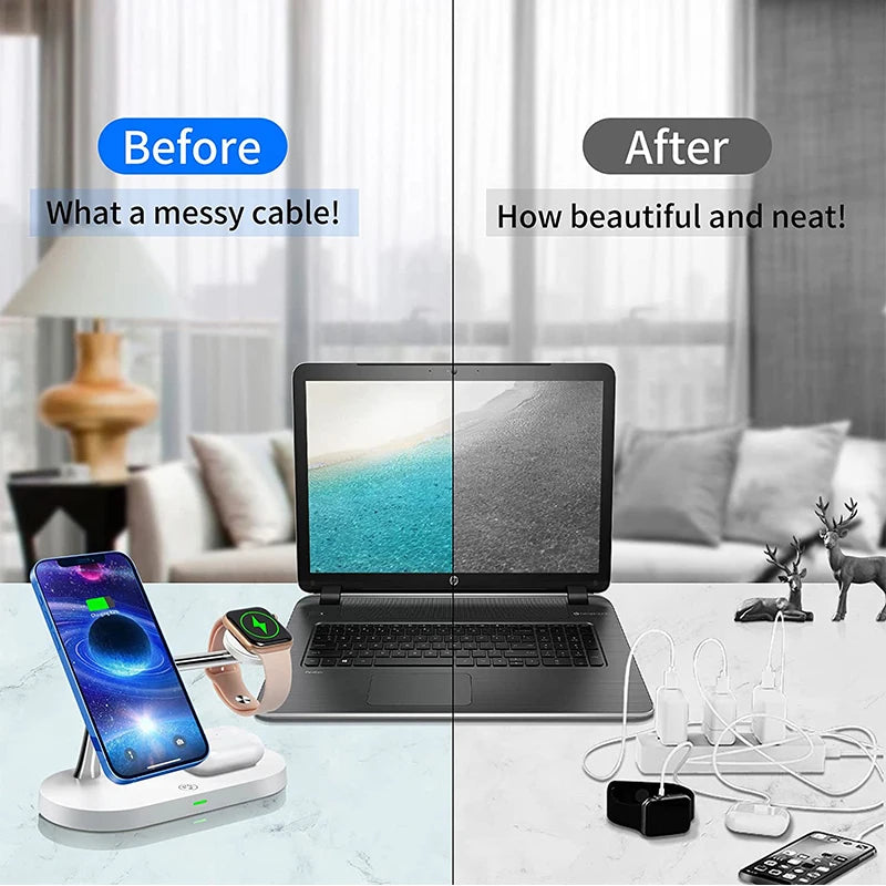 Cargador Inalámbrico 3 en 1 TIMESS 15W – iPhone 12–16, Apple Watch 4–10 y AirPods Pro (USB-C)