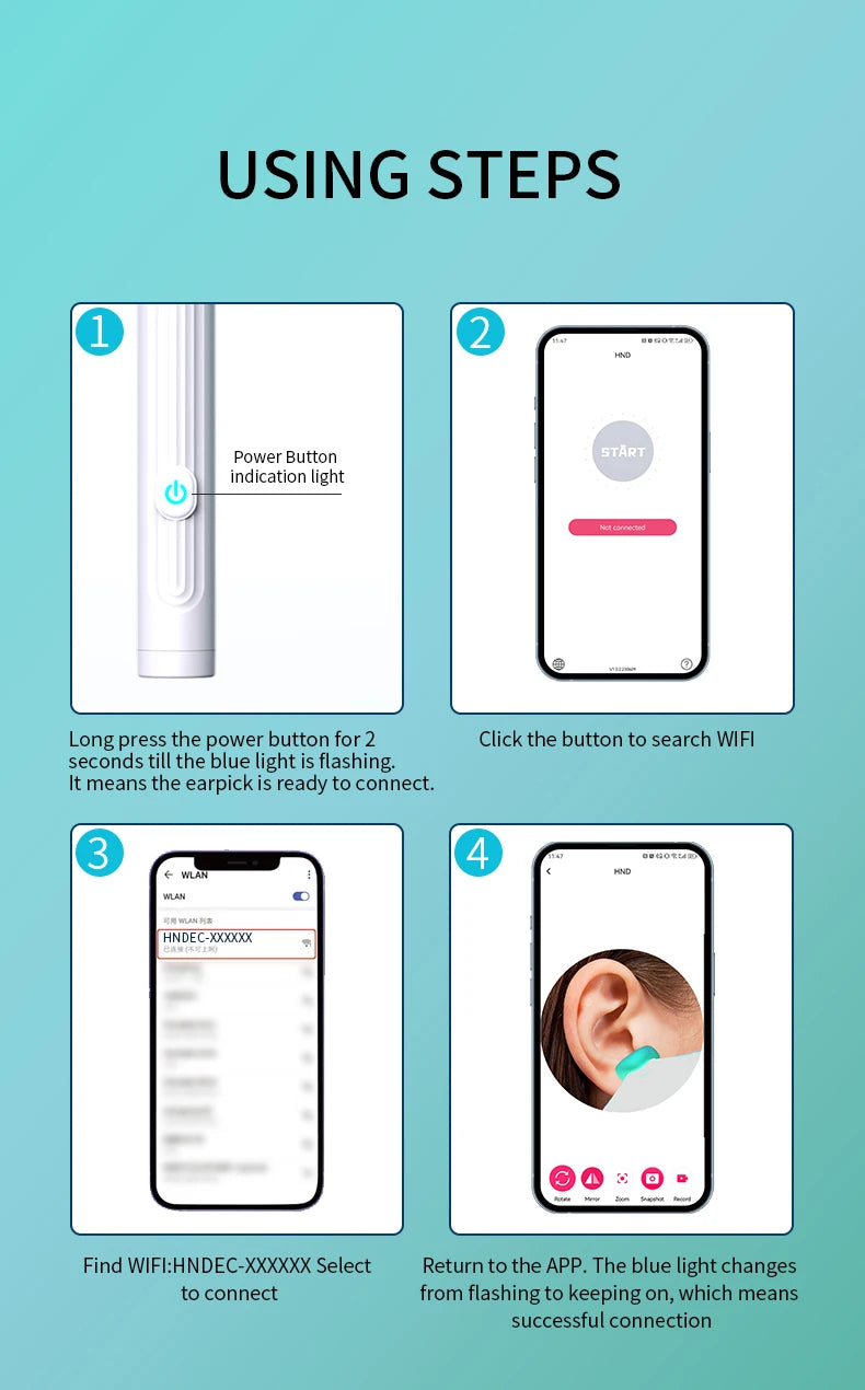 Limpiador de Oídos Inteligente 1296 P con Cámara y Wi-Fi – Earpick USB-C, 6 LED, Visualización en App