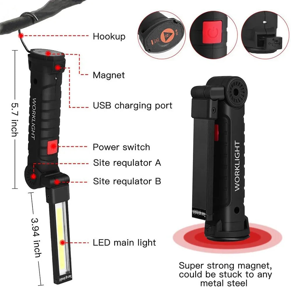 Linterna LED COB Portátil Recargable ESMARTER | Magnética 360° USB para Camping y Trabajo
