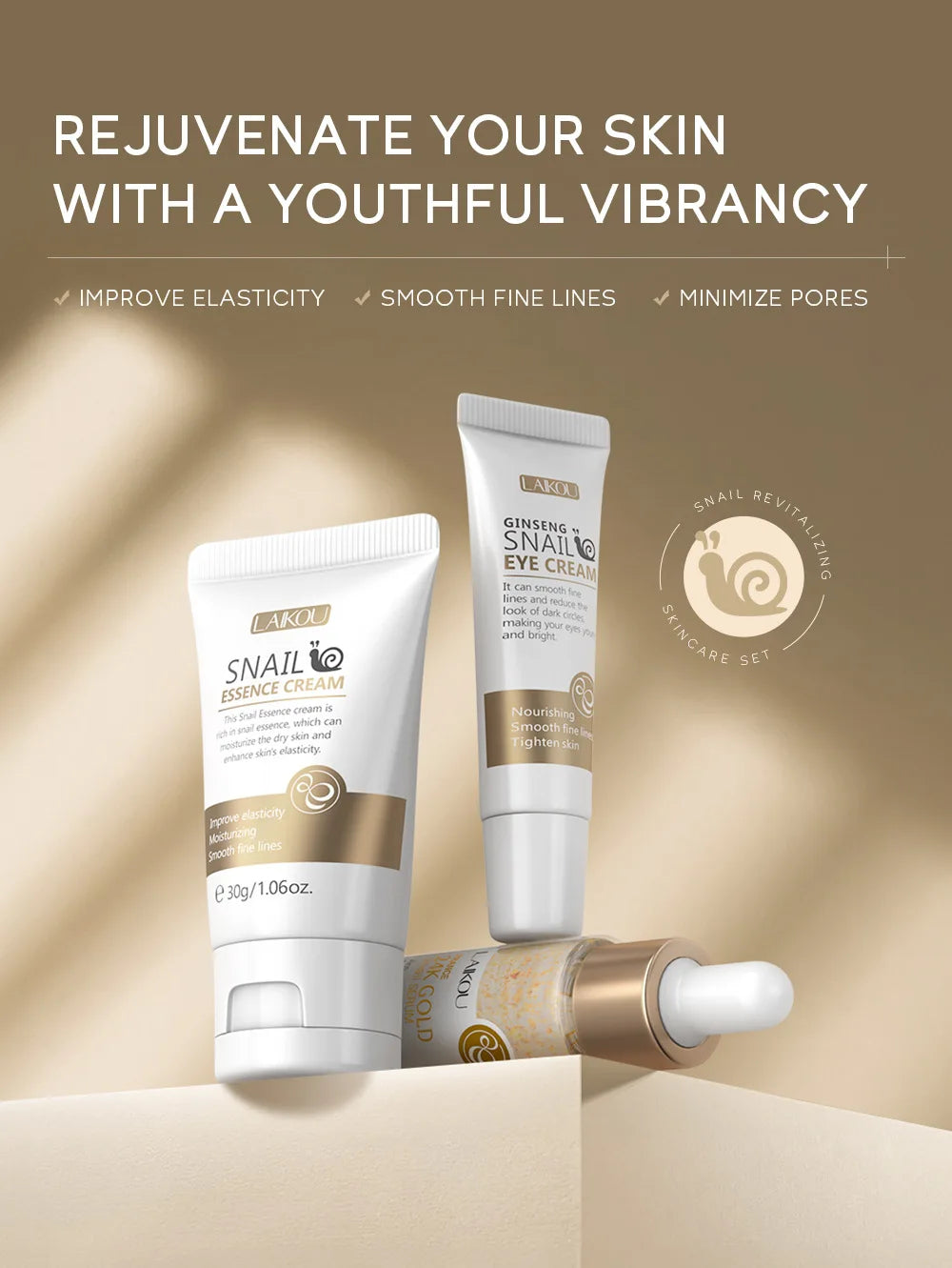 Set de Cuidado Facial LAIKOU: Crema, Serum y Contorno de Ojos