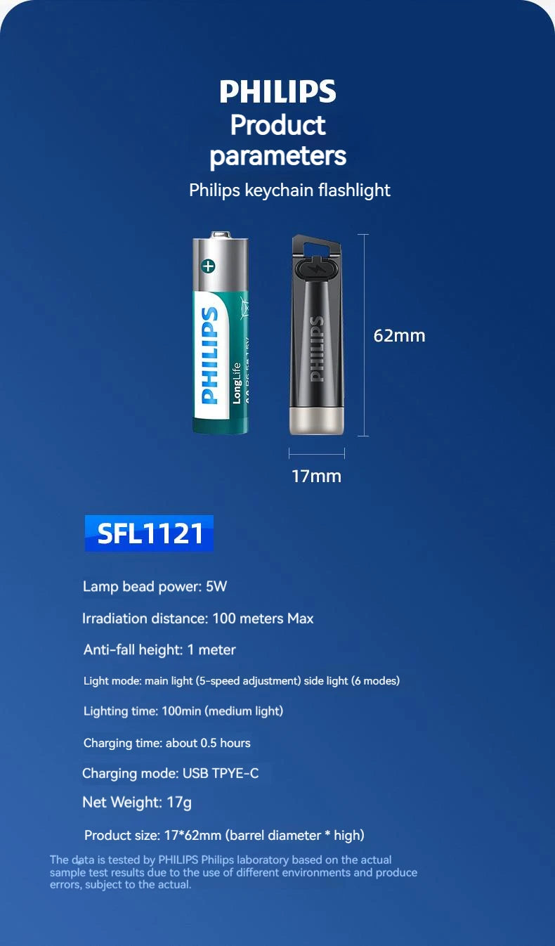 Philips Linterna LED Recargable Mini EDC SFL1121 | Llavero, Camping  500LM
