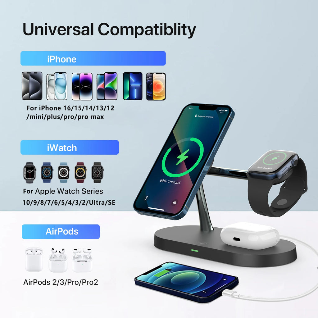 Cargador Inalámbrico 3 en 1 TIMESS 15W – iPhone 12–16, Apple Watch 4–10 y AirPods Pro (USB-C)