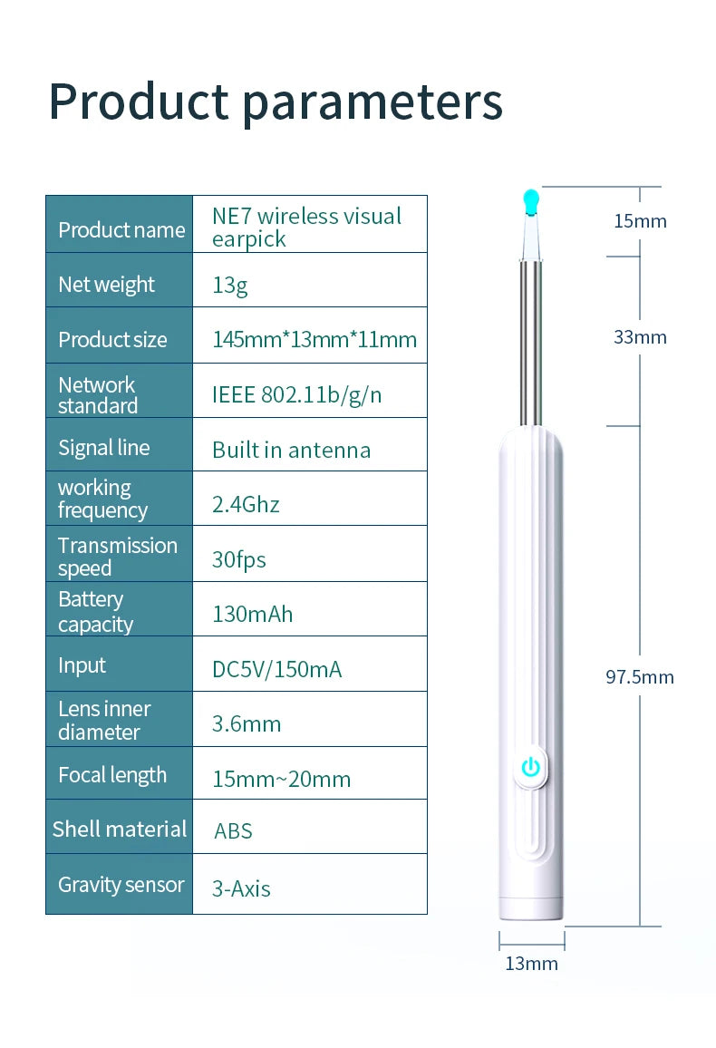 Limpiador de Oídos Inteligente 1296 P con Cámara y Wi-Fi – Earpick USB-C, 6 LED, Visualización en App