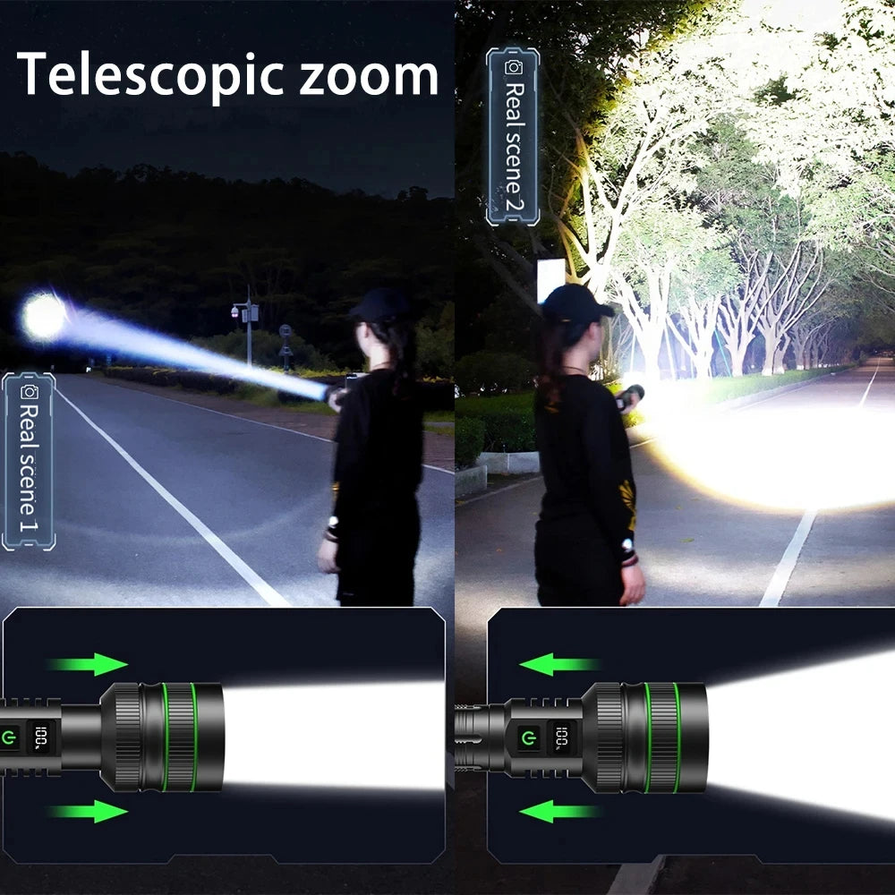 Linterna LED Táctica de Largo Alcance KENSUN KS008 | 1500m, Zoom, Recargable USB 80W