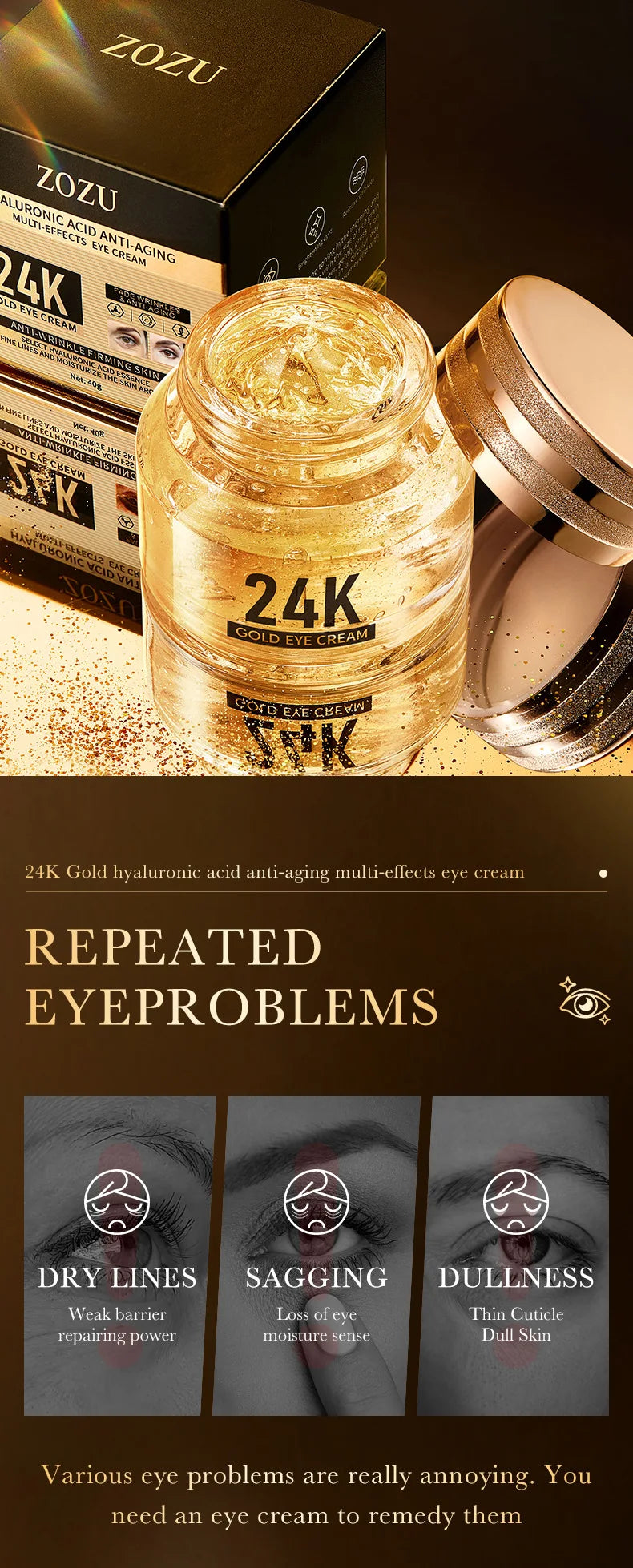 Crema Contorno de Ojos con Oro 24k y Ácido Hialurónico Anti Ojeras