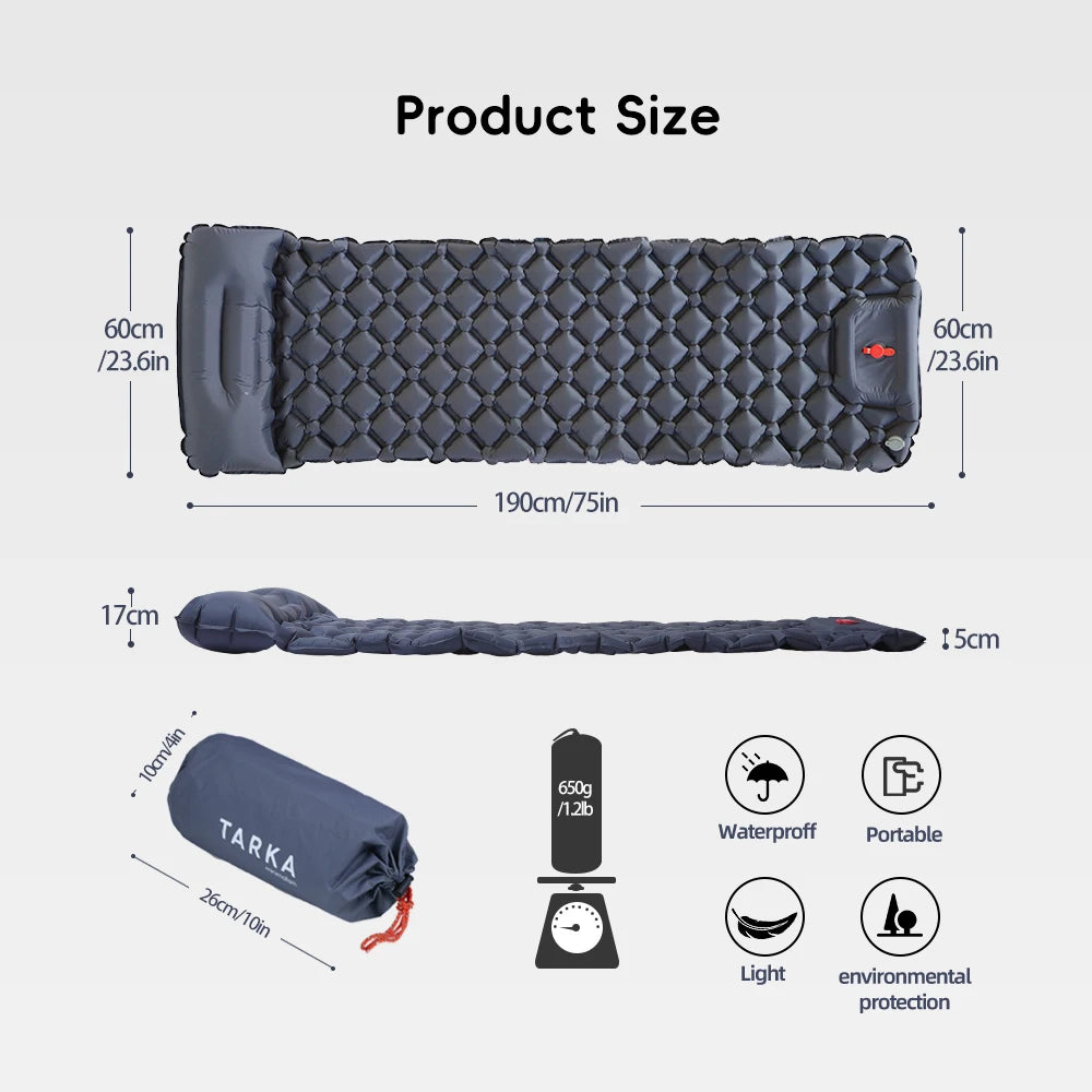 Colchoneta Inflable TARKA 190×60 cm con Almohada – autoinflable Ultraligera (650 g) para Camping y Trekking