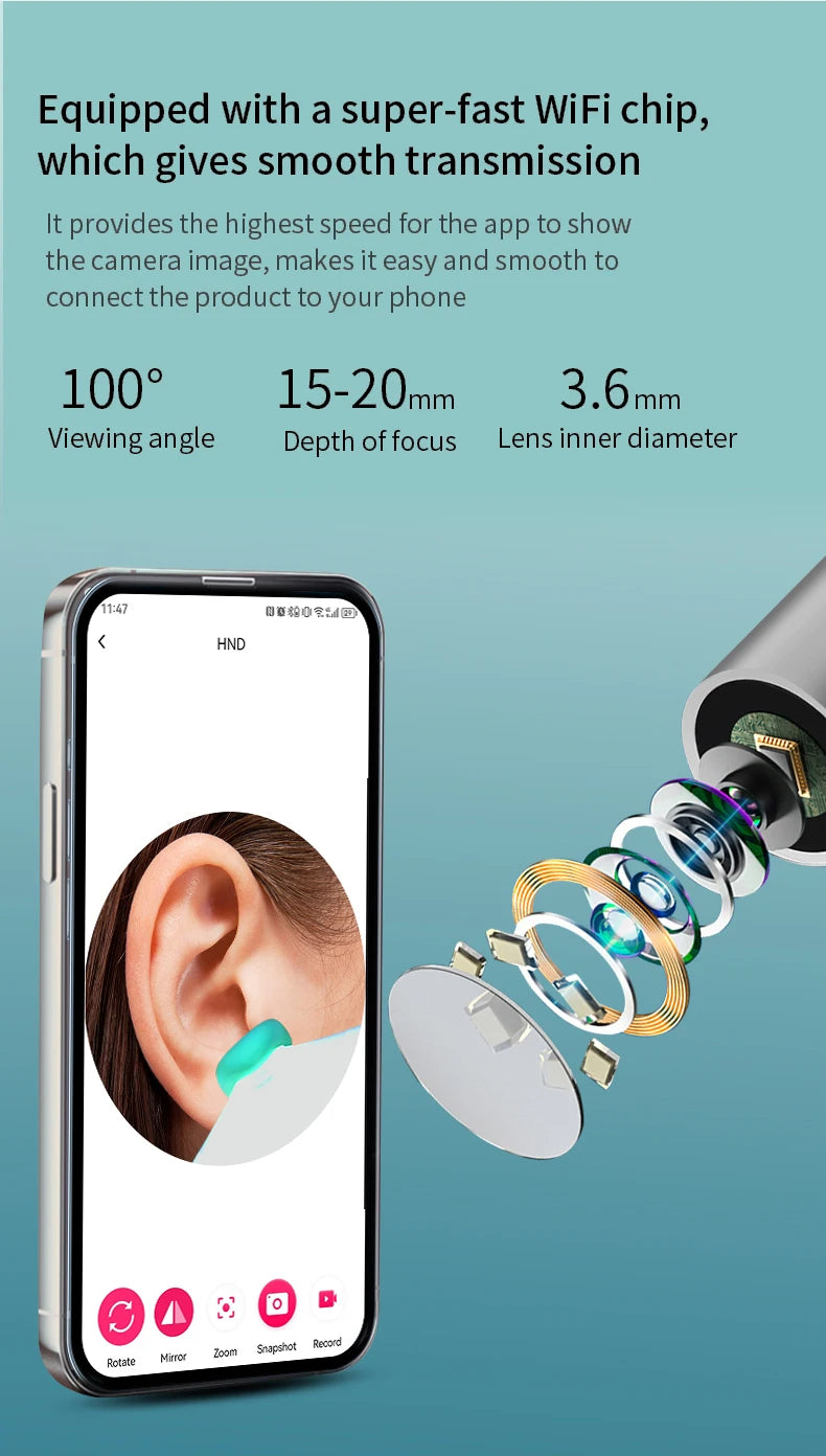 Limpiador de Oídos Inteligente 1296 P con Cámara y Wi-Fi – Earpick USB-C, 6 LED, Visualización en App